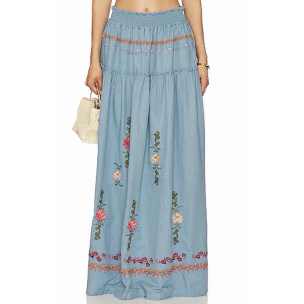 Agua Bendita x Revolve Jenna Maxi Skirt Blue Floral Size L New